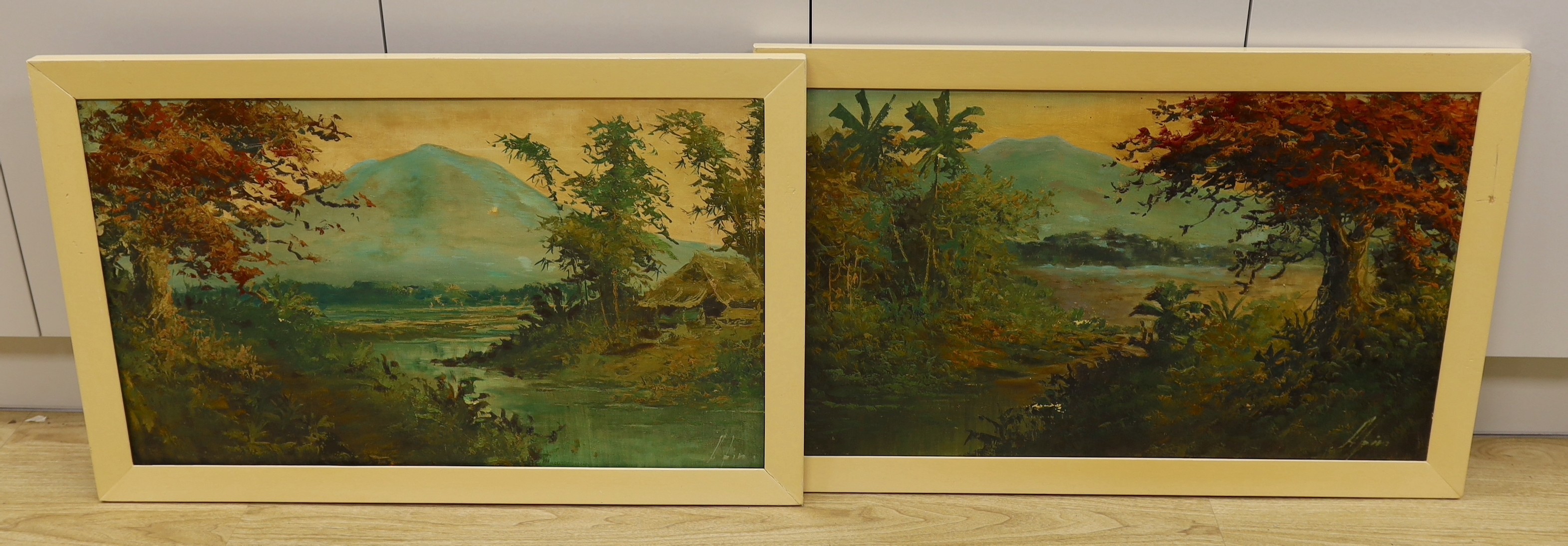 Asian School, pair of oils on canvas, River landscapes, 47 x 79cm